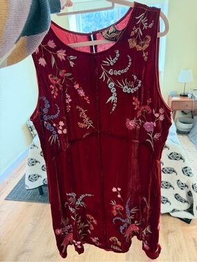 NWT Johnny Was Embroidered Velvet Dress in Deep Wine Red